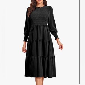 Long Sleeve Midi Dress: Women's Casual Smocked Ruffle Boho flowy dress